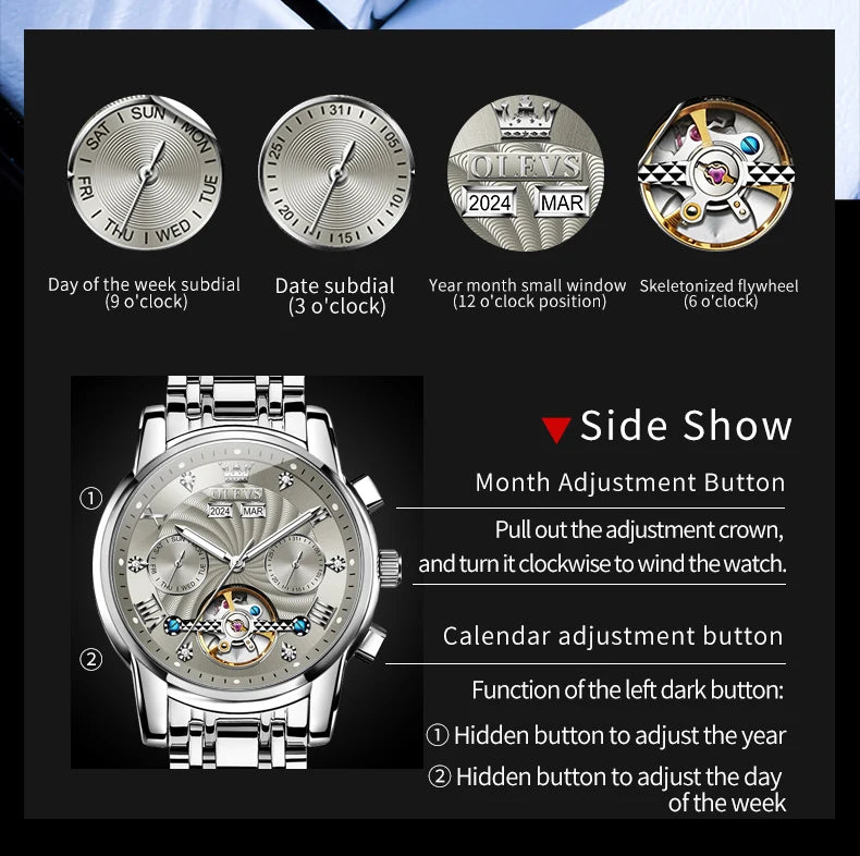 OLEVS Men's Watches 7088 Luxury Trend Fashion Automatic Mechanical Watch for Man Hollow Quartz Movement Complete Calendar Week