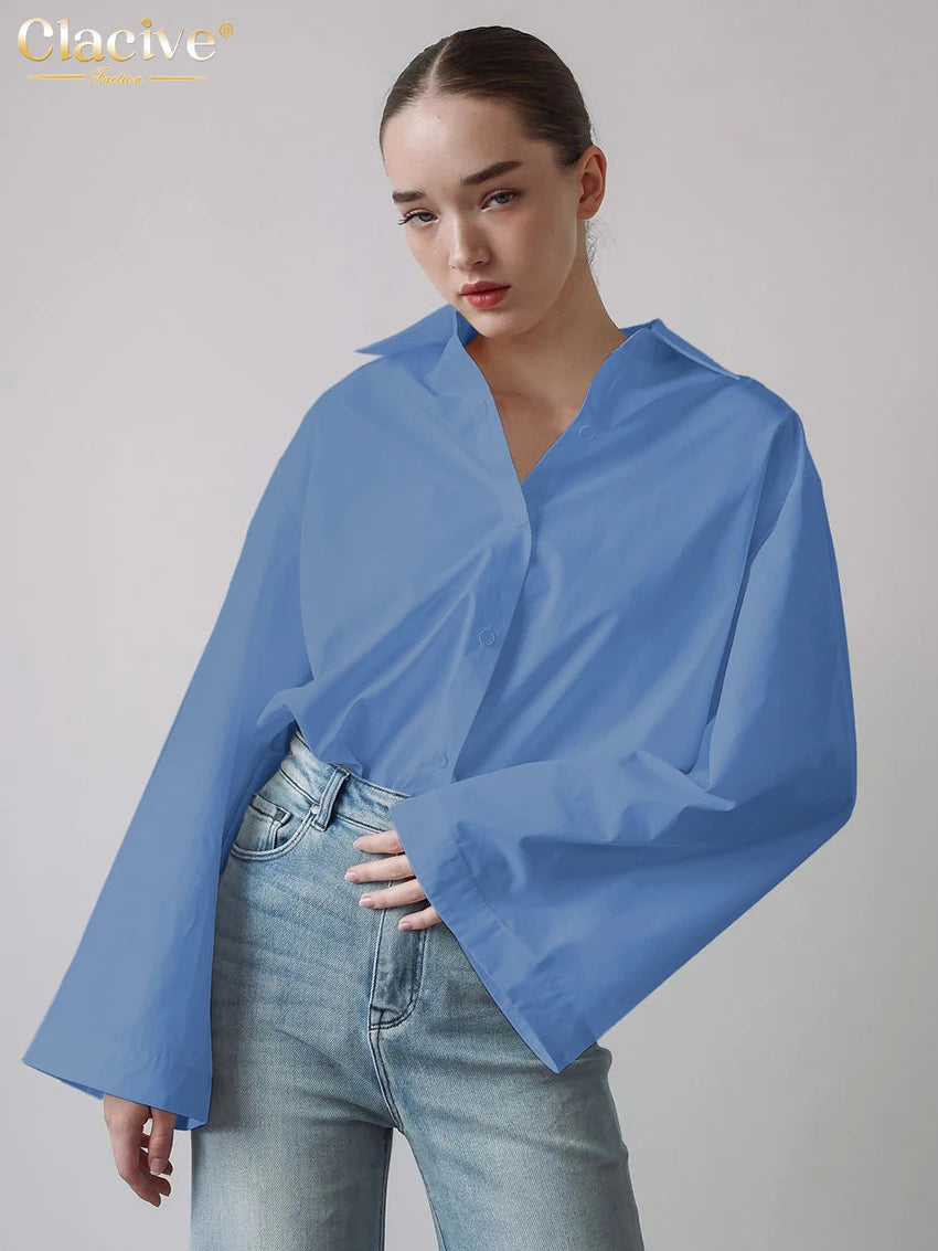 Clacive Fashion Loose White Cotton Women's Blouse 2025 Casual Lapel Long Sleeve Shirt Elegant Classic Solid Top Female Clothing