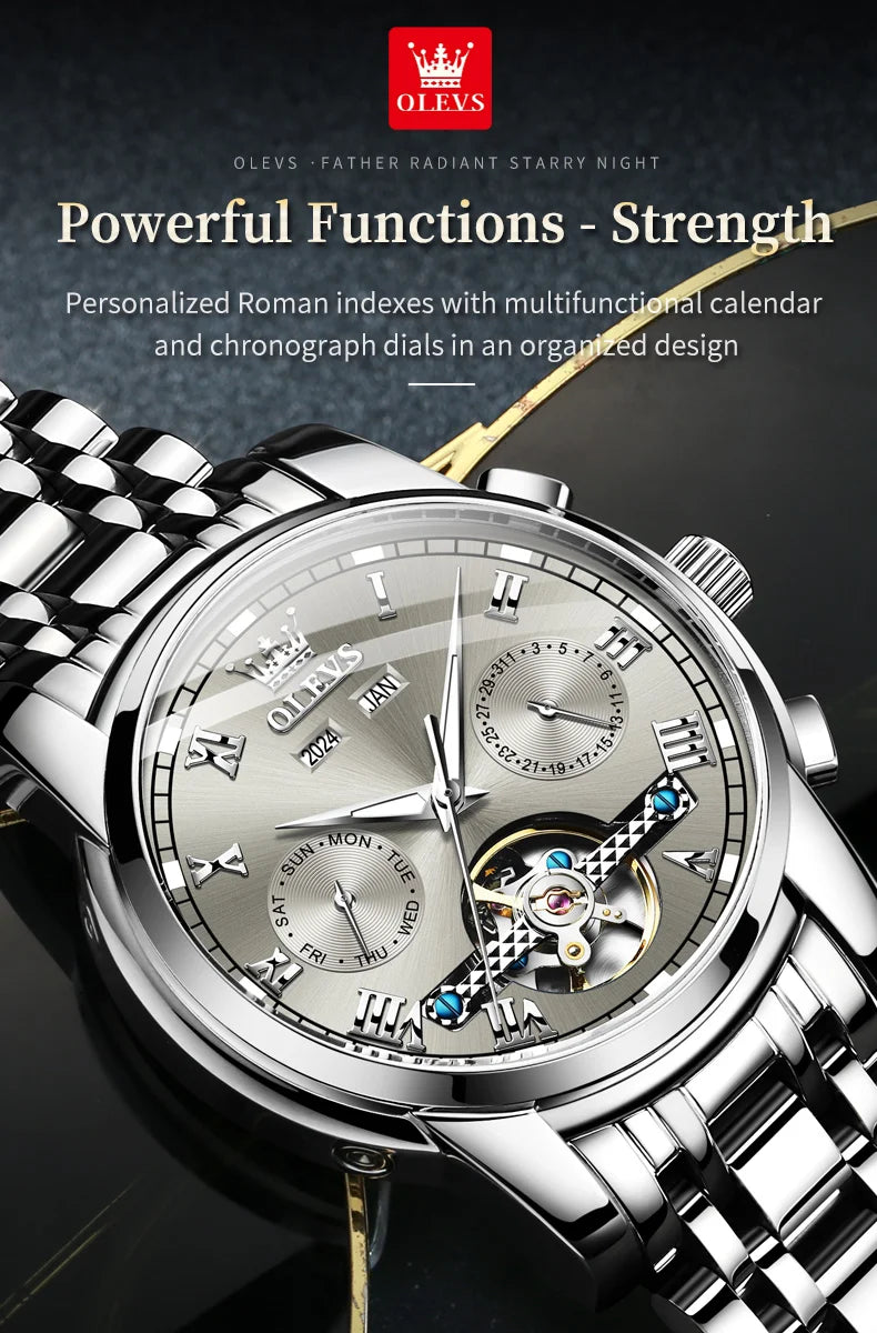 OLEVS 6607 Fully Automaitc Watches Stainless Steel Skeleton Flywheel Dual Calendar Top Luxury Brand Men's Mechanical Wristwatch