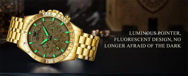 OLEVS Men's Watches Gold Luxury Hollow Out Style Original Quartz Watch for Man Waterproof Luminous Chronograph Date 24 Hours