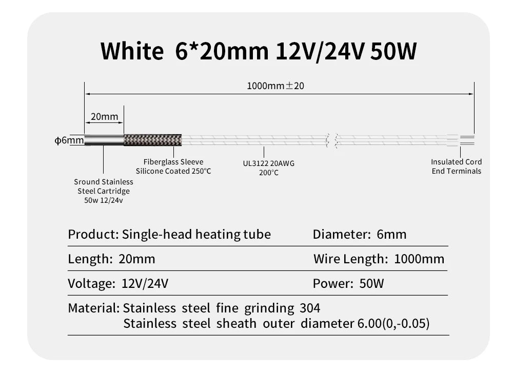 Trianglelab 3D Printer 6*20MM 12V/24V 40W Heater Cartridge With 100CM cable For 3D Printer for PT100 HOTEND Volcano MK8 MK9