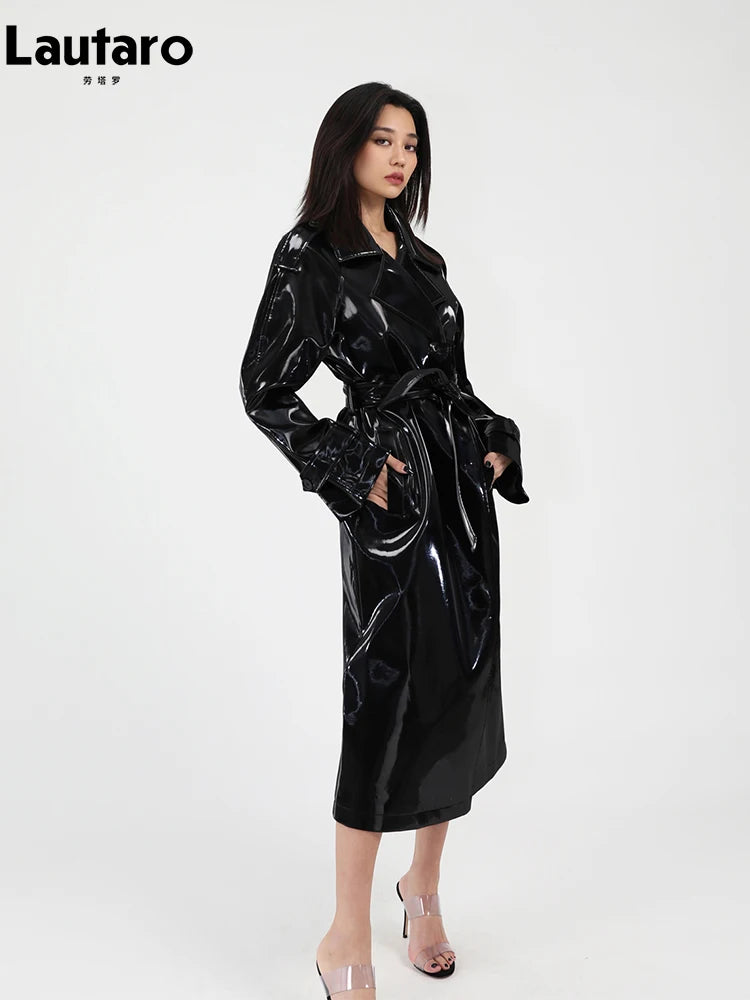 Lautaro Spring Autumn Long Shiny Reflective Patent Leather Trench Coat for Women Sashes Luxury Designer Runway European Fashion