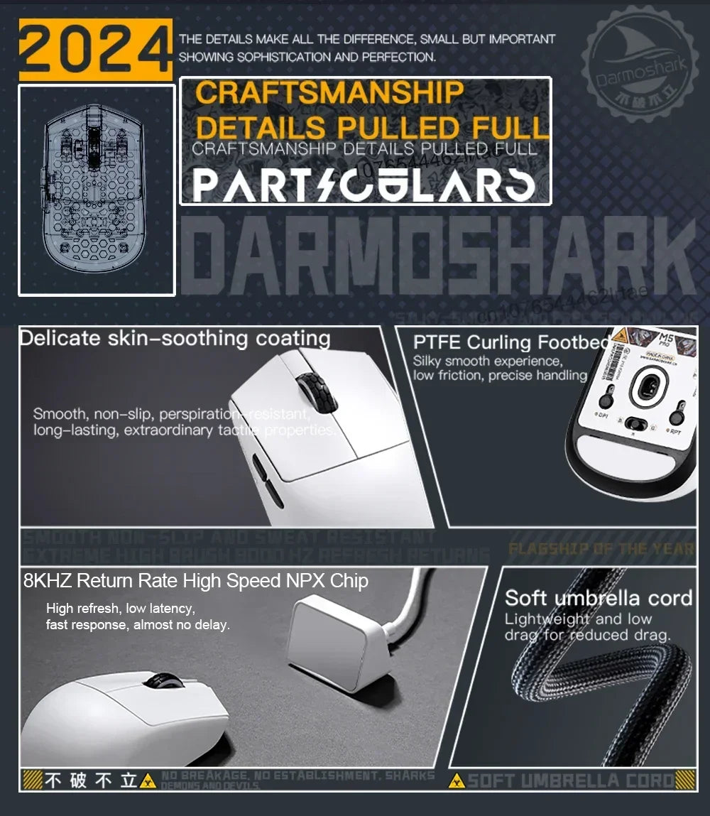 Darmoshark  M5 Pro Wireless Mouse PAW3950 8K Bluetooth Tri-Mode Connection Gaming Macro Mouse 30000DPI N52840 38g Lightweight