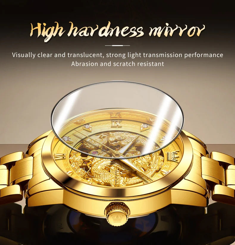 OLEVS Japan Automatic Mechanical Men's Watches High-end Luxury Brand Original Stainless Steel Hollowed Dragon Watch for Men 7027
