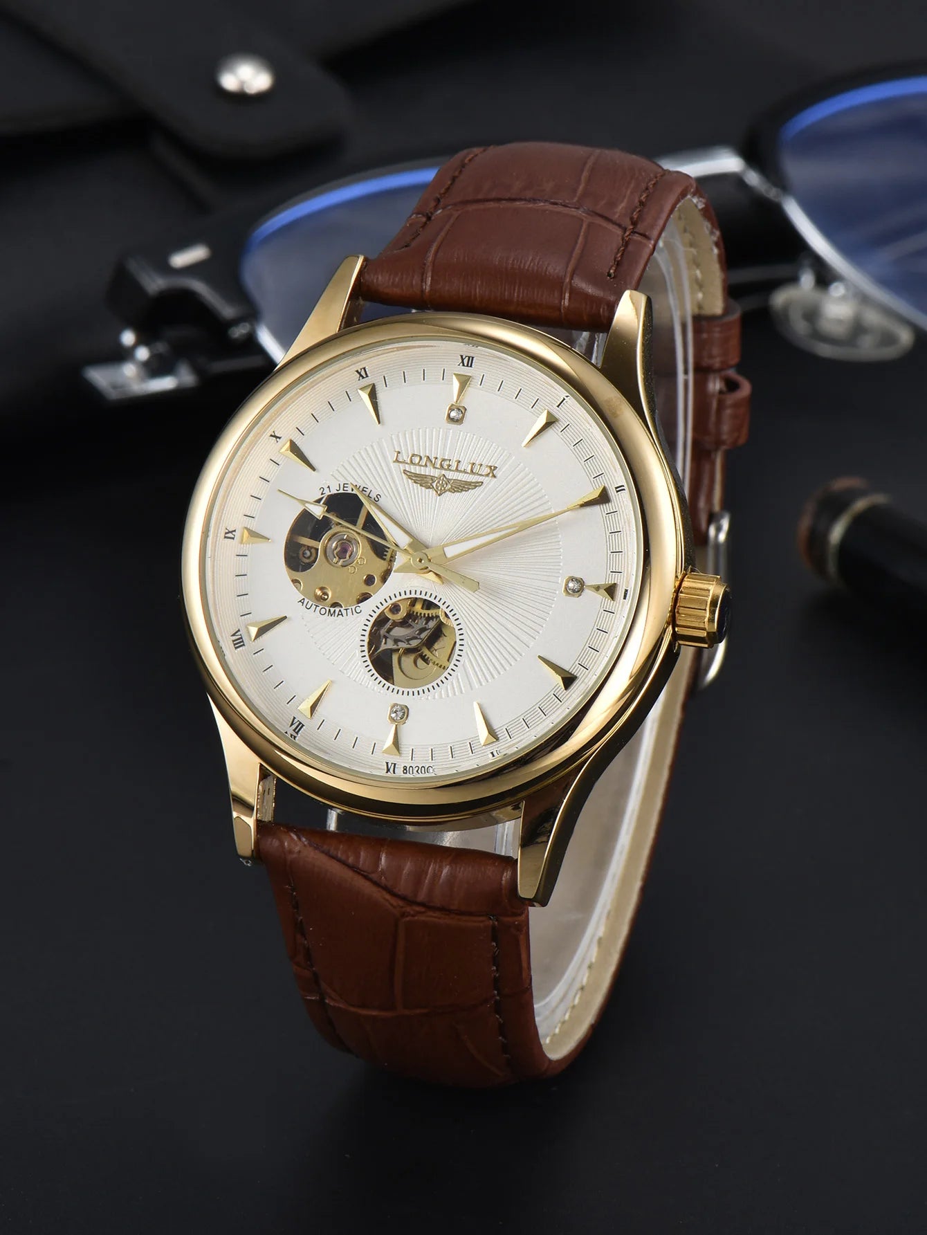 LONGLUX automatic watch elegant style wholesale mechanical wristwatches skeleton rome waterproof  mens watch men gift