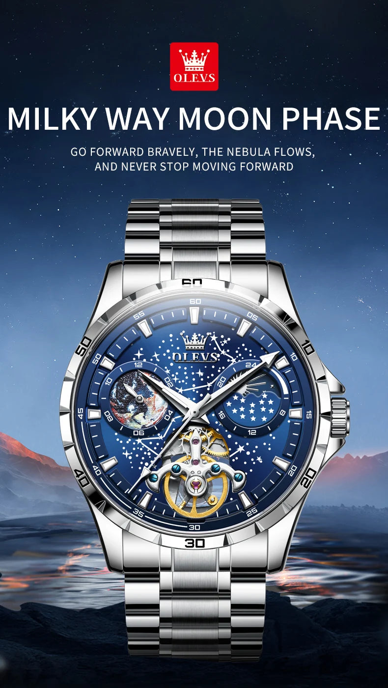 OLEVS Flywheel Skeleton Automatic Watch for Men Luminous Starry Sky Waterproof Business Wristwatch Mechanical Watch