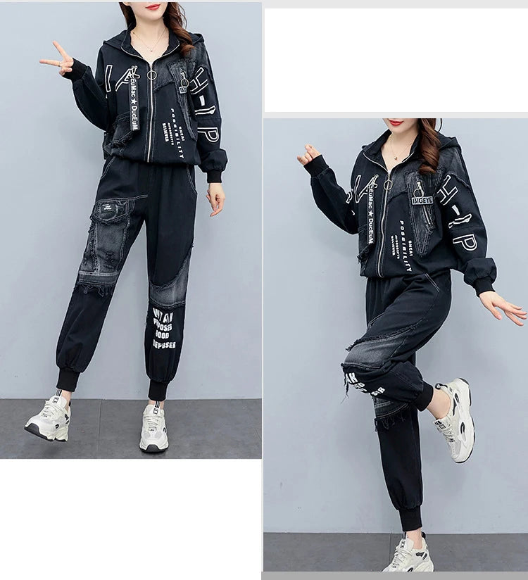 Clothing Suits 2025 Spring autumn Punk Outfits Womens Two Pieces Sets British Loose Casual Hooded Jackets Denim Pants