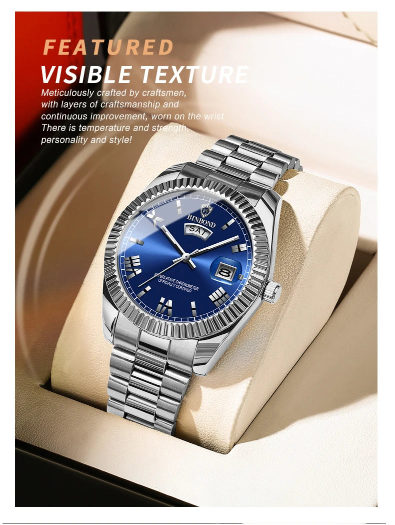 BINBOND Brand Mens Business Sports Quartz Watch Classic Waterproof Luminous Calendar Creative Clock Male Personalized Wristwatch