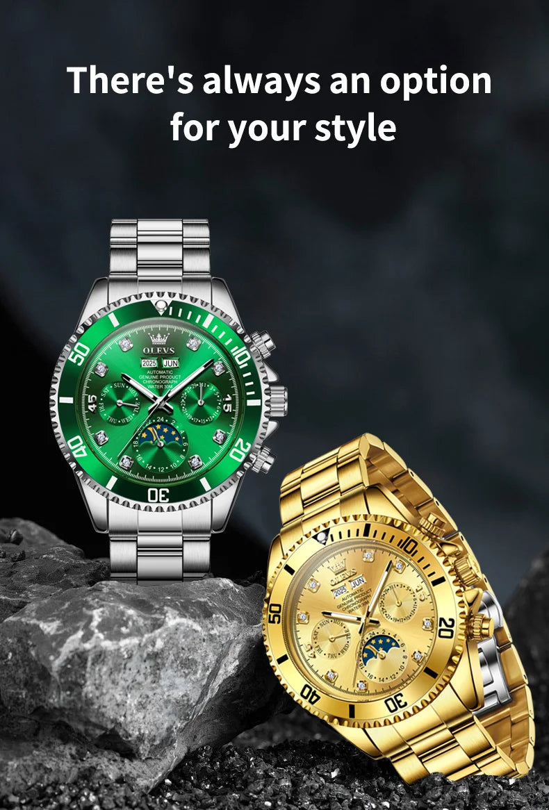 OLEVS 6729 Automatic Watch Man 24 Hour Moon Phase Mechanical Watch For Men Luxury 30M Waterproof Luminous Date Men's Wristwatch
