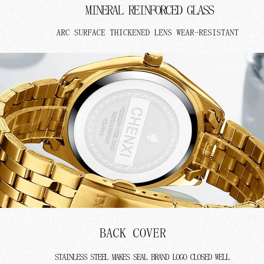 CHENXI Luxury Brand Casual Couple Watch Golden Stainless Steel Quartz Watch for Men's and Women's Waterproof Luminous Wristwatch