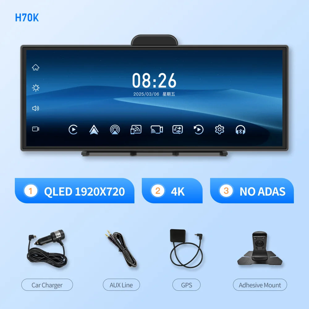 Imagebon H70K 11.4" 4K Dashcam Wireless CarPlay & Android Auto Dual Recording WiFi GPS Navigation AI Voice Night Vision Car DVR