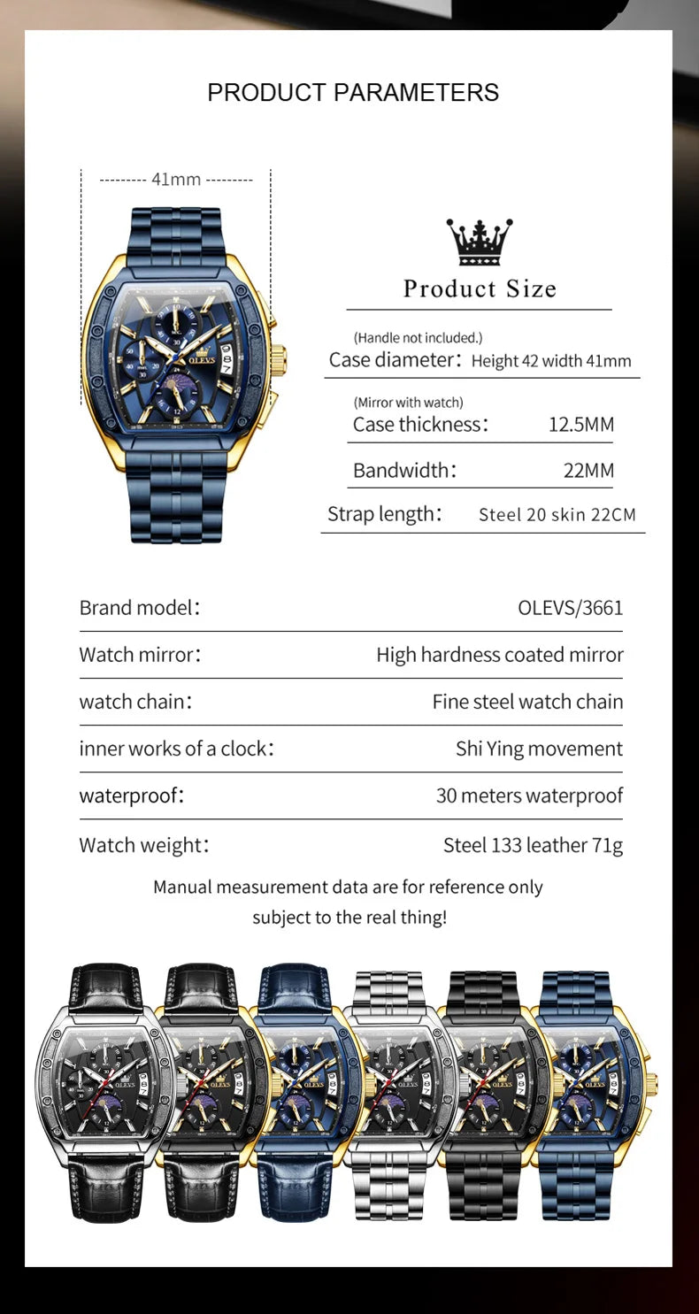 OLEVS Watch New 3661 Mens Watch Luxury Quartz Watch Waterproof Luminous Stainless Steel Moon Phase Sport Tonneau Watches For Men