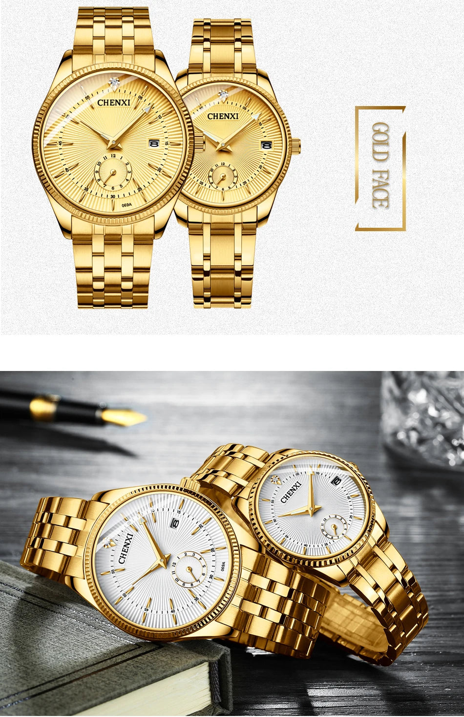 CHENXI Luxury Brand Casual Couple Watch Golden Stainless Steel Quartz Watch for Men's and Women's Waterproof Luminous Wristwatch