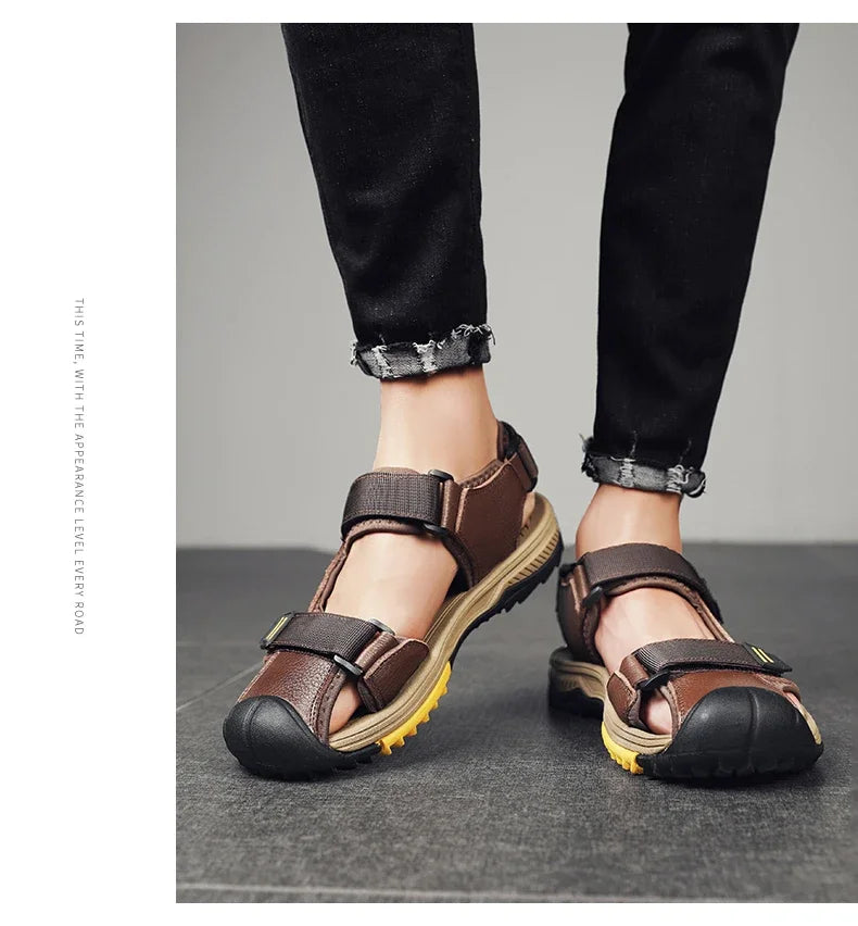 Summer Breathable Genuine Leather Men Sandals Waterproof Non-Slip Large Size flip flops Beach shose For Outdoor Anti-Collision