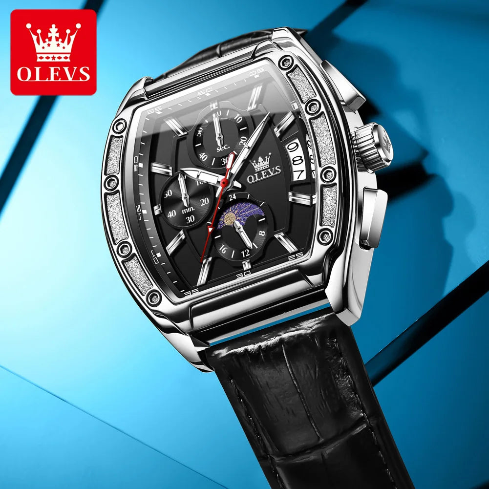 OLEVS Watch New 3661 Mens Watch Luxury Quartz Watch Waterproof Luminous Stainless Steel Moon Phase Sport Tonneau Watches For Men