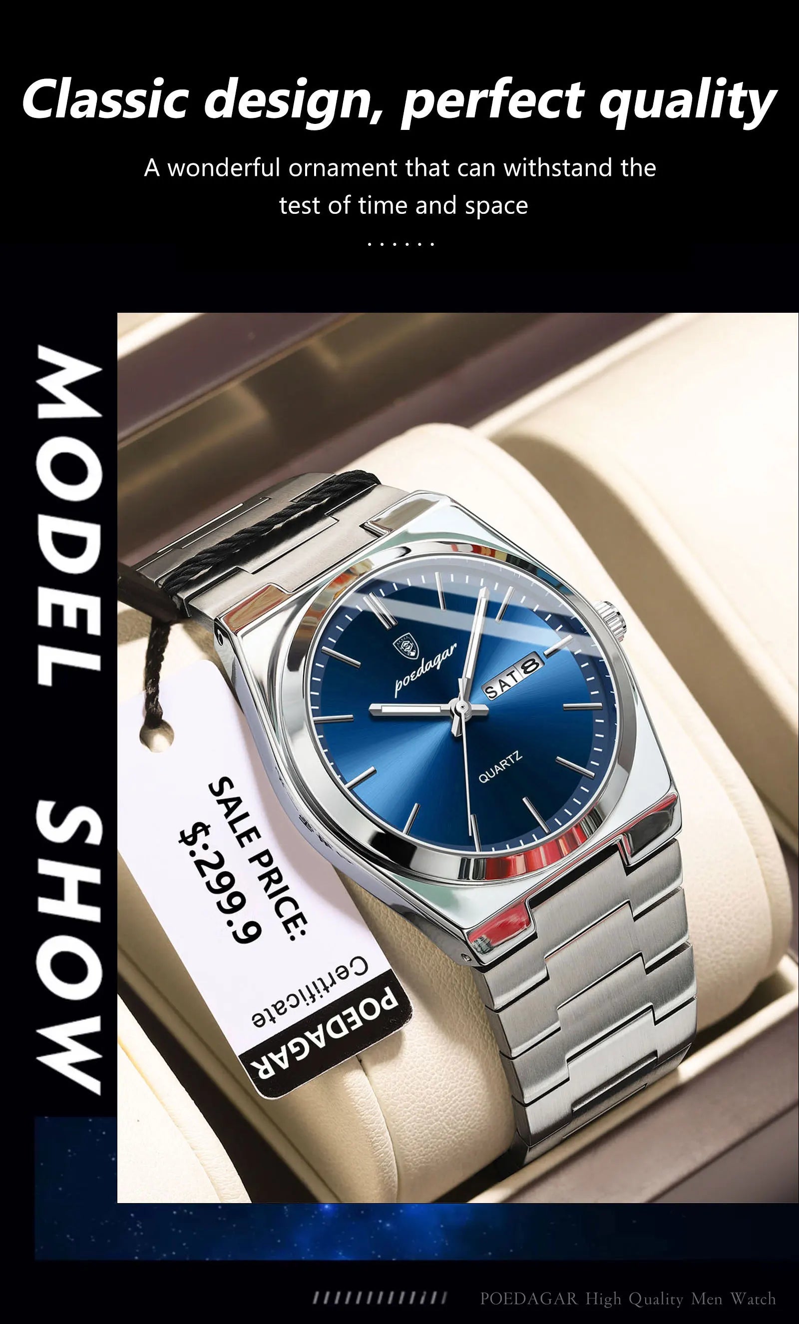 POEDAGAR Luxury Watches For Men Stainless Steel Waterproof Luminous Man Watch Date Week Fashion Casual Men's Quartz Watch Reloj