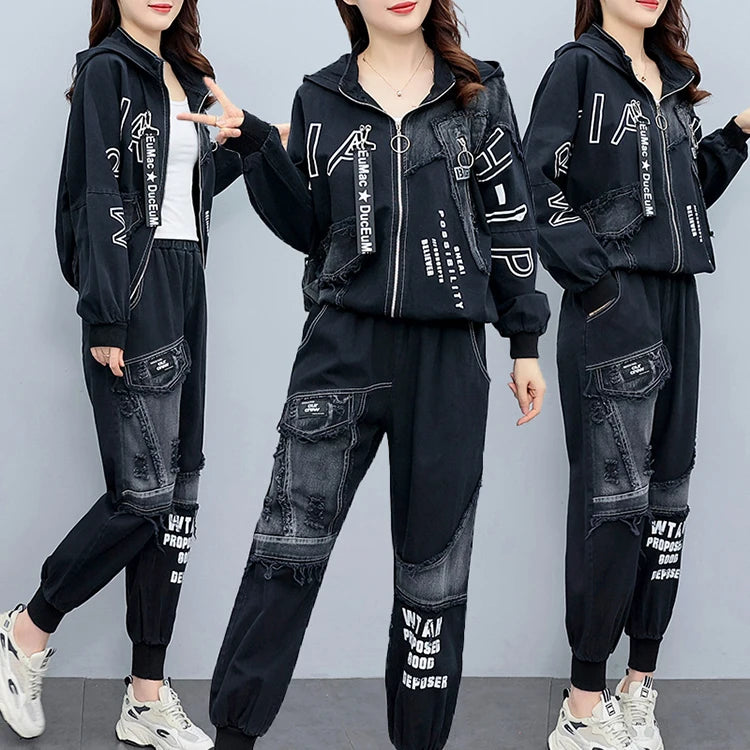 Clothing Suits 2025 Spring autumn Punk Outfits Womens Two Pieces Sets British Loose Casual Hooded Jackets Denim Pants