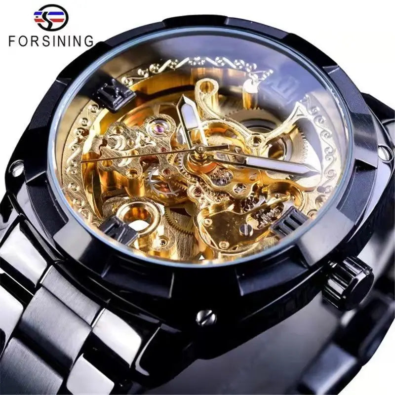 Forsining Square Gold Skeleton Automatic Men Watch Engraved Movement Luminous Hands Mechanical Watches Luxury Stainless Steel