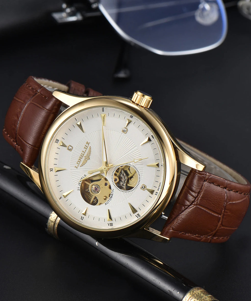 LONGLUX automatic watch elegant style wholesale mechanical wristwatches skeleton rome waterproof  mens watch men gift