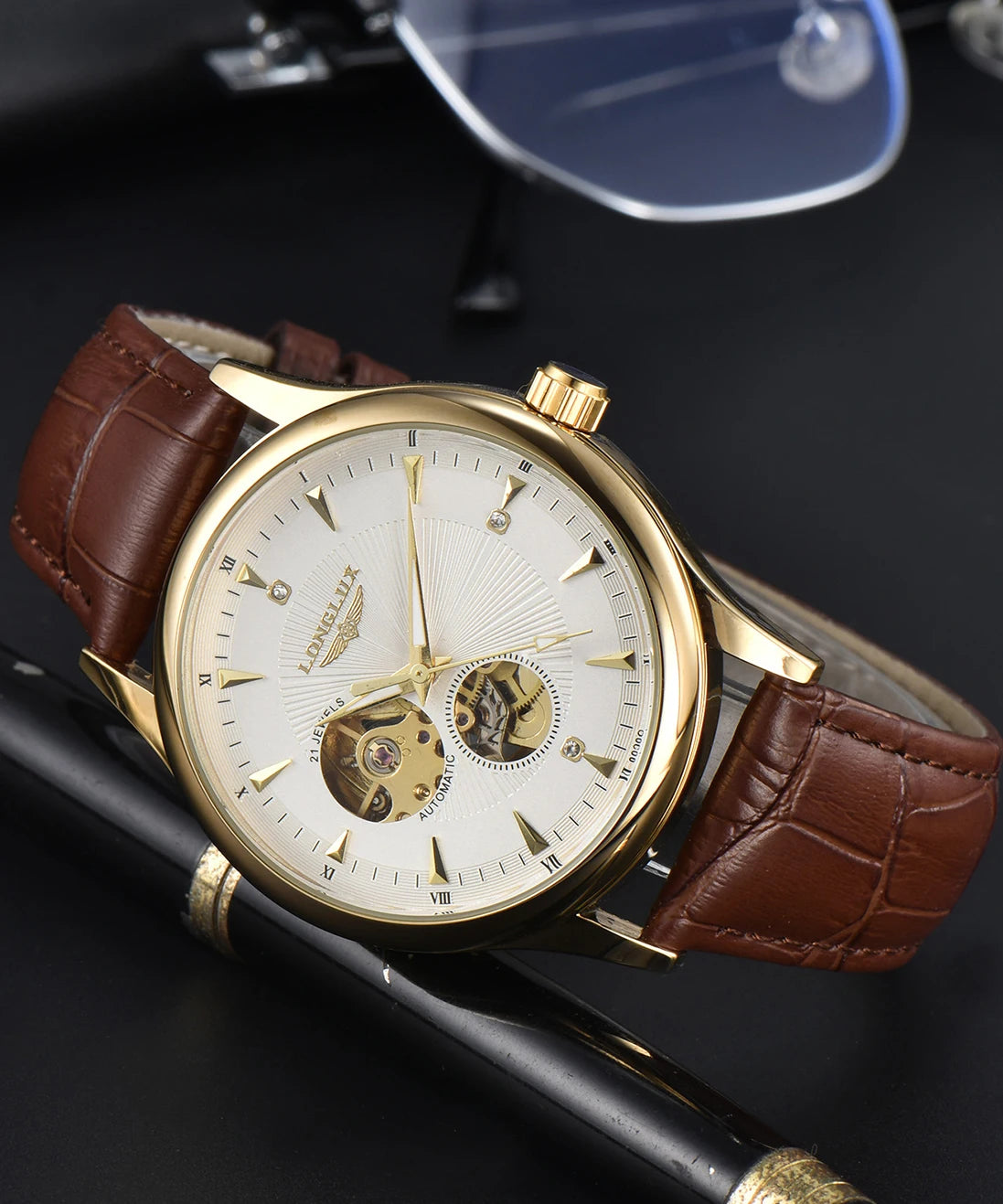 LONGLUX automatic watch elegant style wholesale mechanical wristwatches skeleton rome waterproof  mens watch men gift