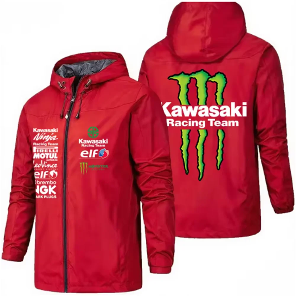 Racing team jacket with Kawasaki logo, men's waterproof and windproof sportswear, outdoor enthusiast jacket, fashionable jacket