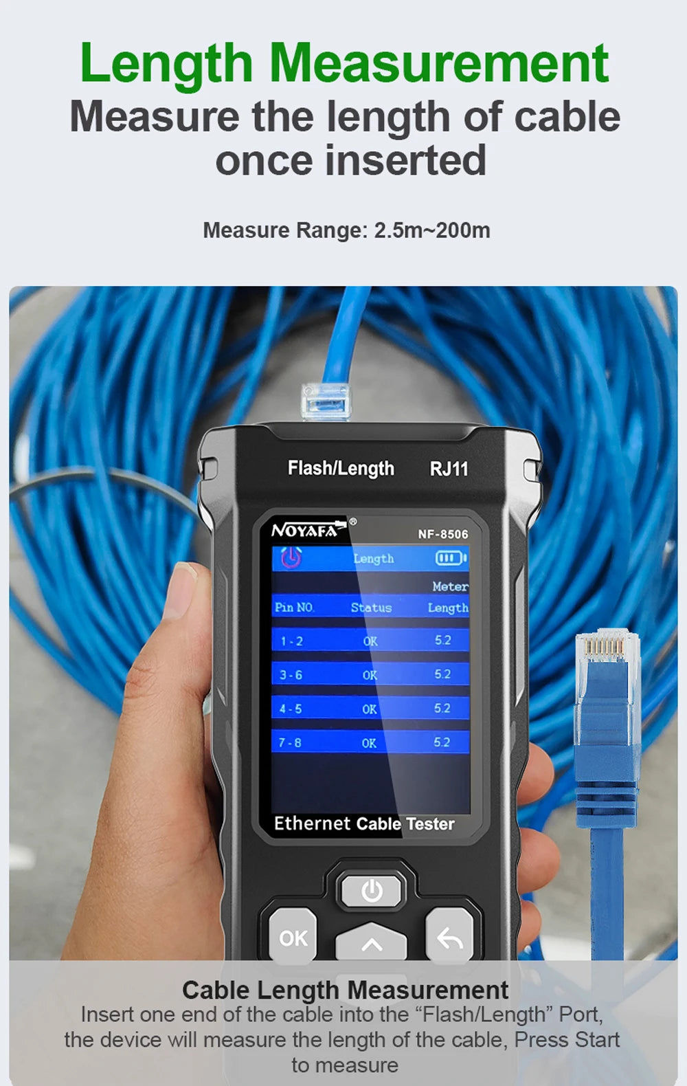 NOYAFA NF-8506 Network Cable Tester Multifunction Cable Tracker Support PING test/IP scan/Poe Measure Length Wiremap Tester