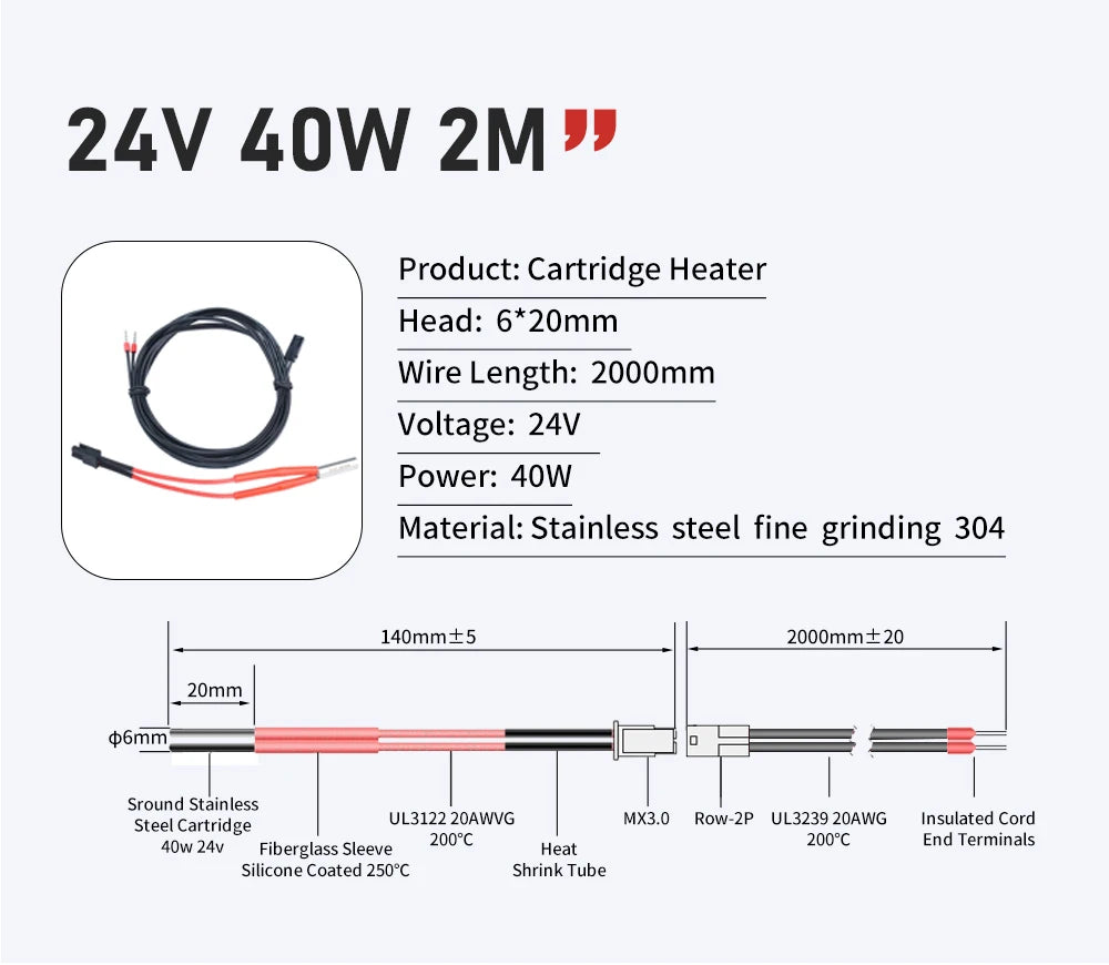 Trianglelab 3D Printer 6*20MM 12V/24V 40W Heater Cartridge With 100CM cable For 3D Printer for PT100 HOTEND Volcano MK8 MK9