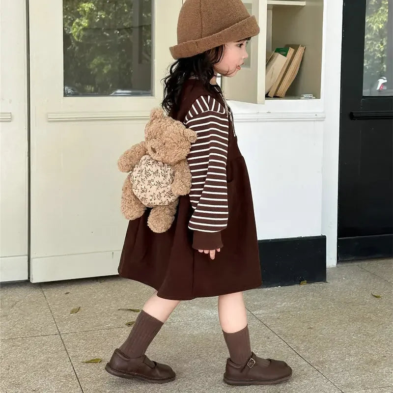 Clothing Suit Girls' Striped Long-Sleeved Sweater Plus Corduroy Vest Skirt  Autumn and Winter Clothing New Suit