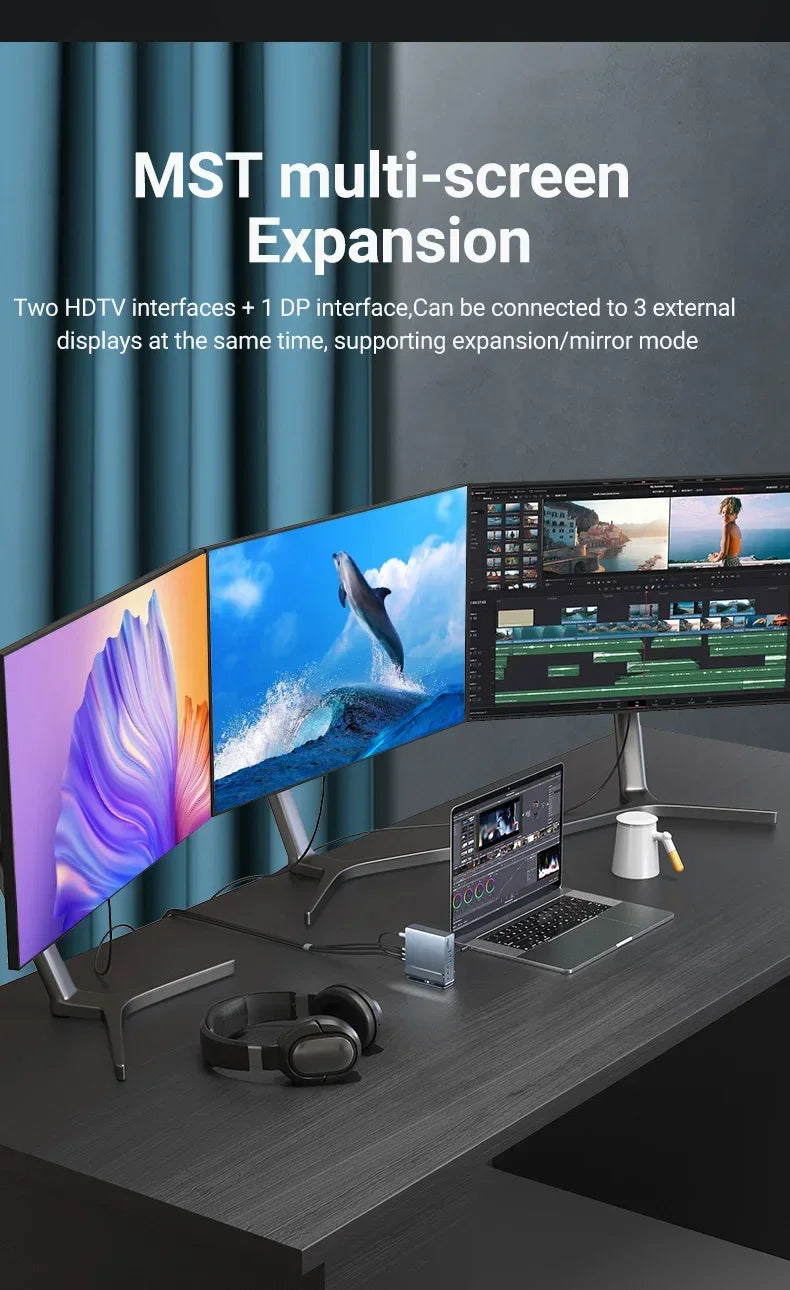 15 in 1 USB C Docking Station 4K HD Vertical Hub with Triple Monitor RJ45 1000M,USB 3.0/2.0,PD 3.0,SD/TF,Audio 3.5 for Laptop PC