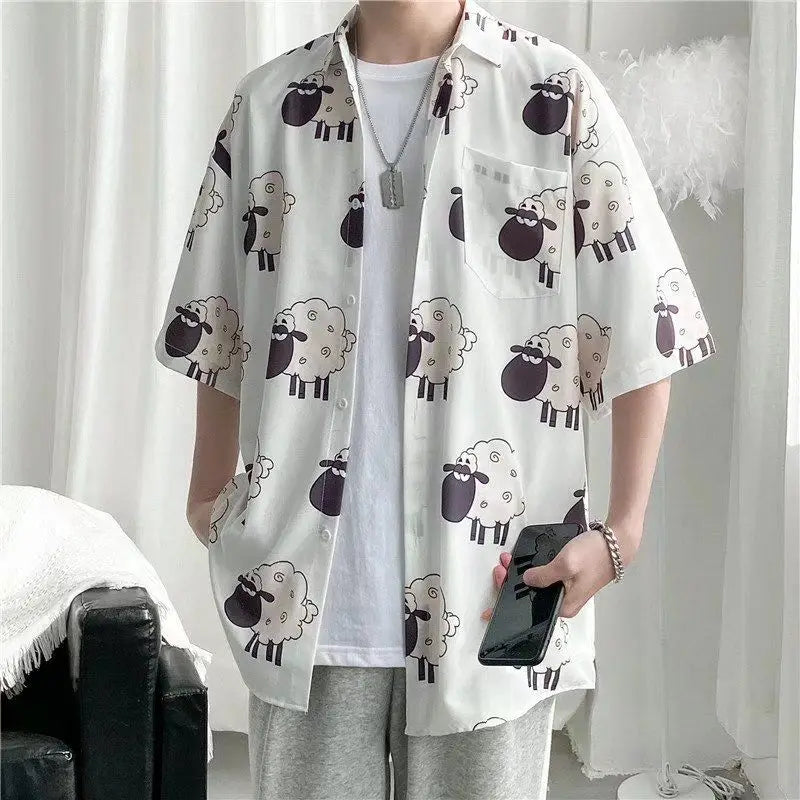 Deeptown Kawaii Button Up Shirt Animal Cat Print Blouse Women Japan Style 2024 Summer Hawaii Graphic Cardigan Casual Cute Tops