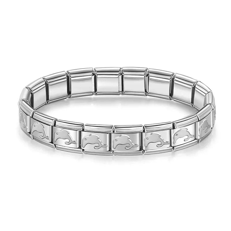 Hapiship Women Man Fashion Style Jewelry Heart Flower Butterfly Cross Dolphins Stainless Steel Elastic Bracelet Bangle ST00