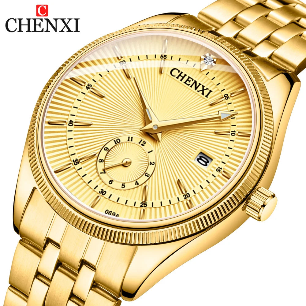 CHENXI Luxury Brand Casual Couple Watch Golden Stainless Steel Quartz Watch for Men's and Women's Waterproof Luminous Wristwatch