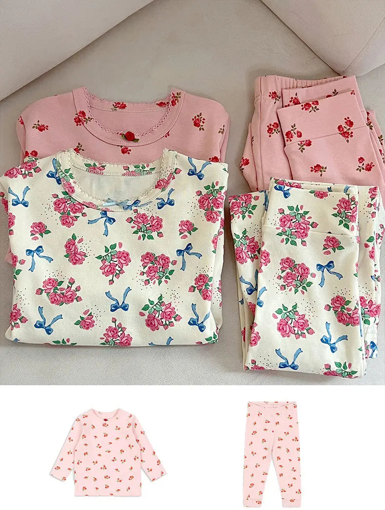 Children's Clothings 2025 New Autumn Winter Baby Girls Homewear Flower Cotton Printed Shirts Leggings Pants Set Korean Clothes