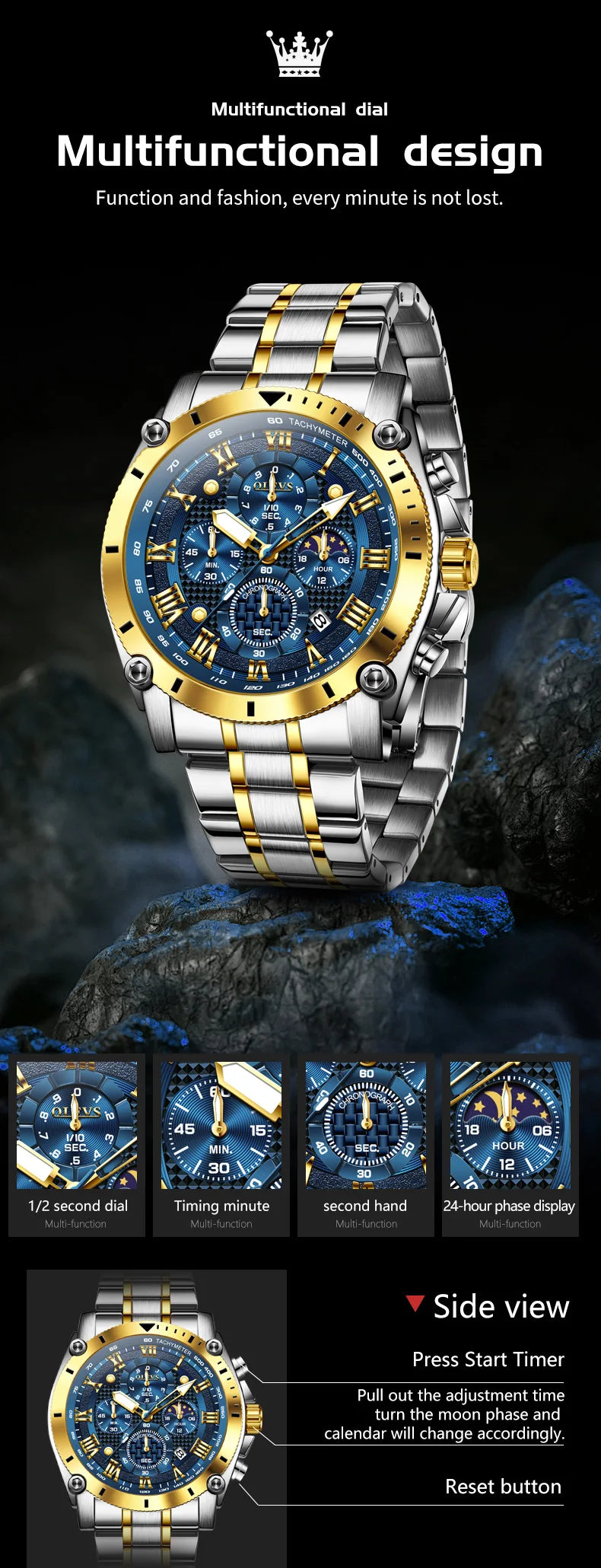 OLEVS 3689 Original Moon Phase Mens Watch Multifunctional Chronograph Quartz Watch  Waterproof Sports Watches For Man Gift Reloj