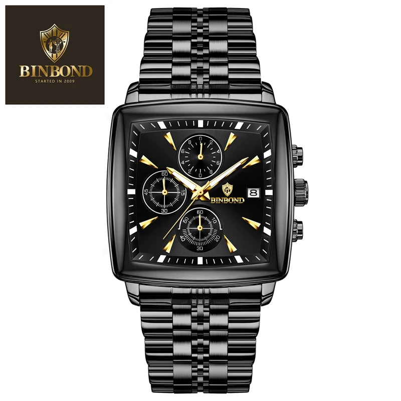 BINBOND Luxury Square Sport Man Wristwatch Waterproof Luminous Chronograph Quartz Men's Watches Stainless Steel Men Watch Reloj