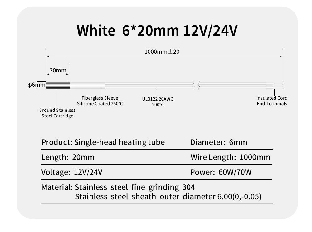 Trianglelab 3D Printer 6*20MM 12V/24V 40W Heater Cartridge With 100CM cable For 3D Printer for PT100 HOTEND Volcano MK8 MK9