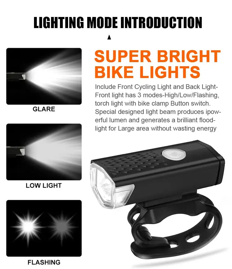Bicycle Front Rear Light Set LED Rechargeable MTB Bike Head Light Cycling Red Warning Tail Light Accessories for Night Riding