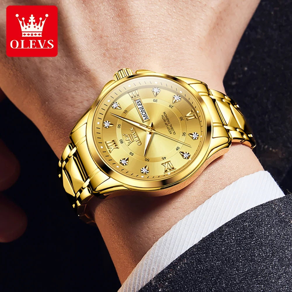 OLEVS Men's Watch No.2906 Fashion Business Original Quartz Watches Rhombus Stainless Steel Waterproof Luminous Week Date Display