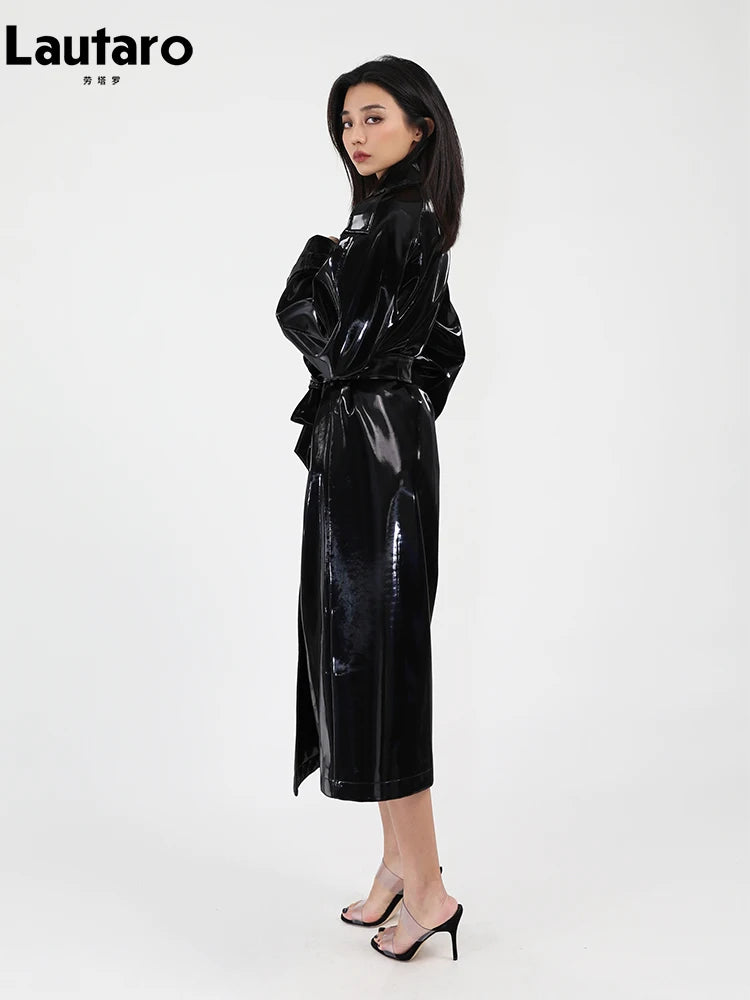 Lautaro Spring Autumn Long Shiny Reflective Patent Leather Trench Coat for Women Sashes Luxury Designer Runway European Fashion