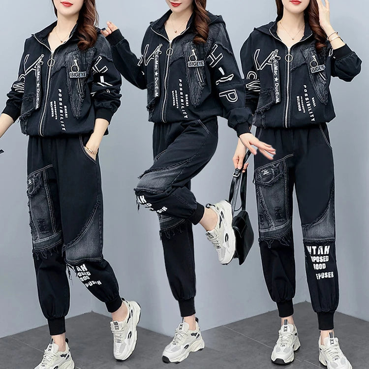Clothing Suits 2025 Spring autumn Punk Outfits Womens Two Pieces Sets British Loose Casual Hooded Jackets Denim Pants