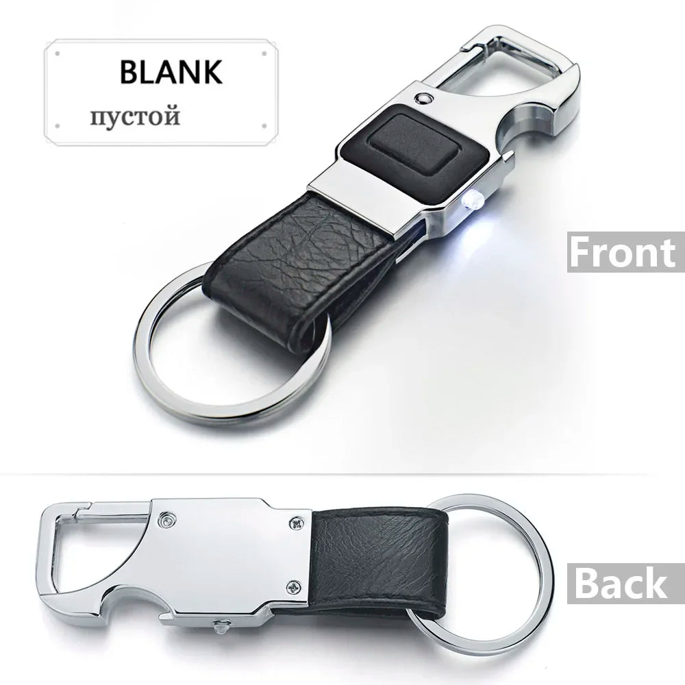Dalaful Custom Lettering Keychain LED Lights Lamp Beer Opener Bottle Multifunctional Leather Men Car Key Chain Ring Holder K355