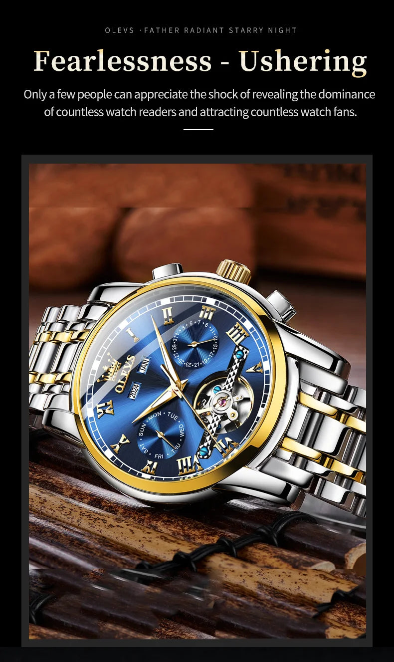 OLEVS 6607 Fully Automaitc Watches Stainless Steel Skeleton Flywheel Dual Calendar Top Luxury Brand Men's Mechanical Wristwatch