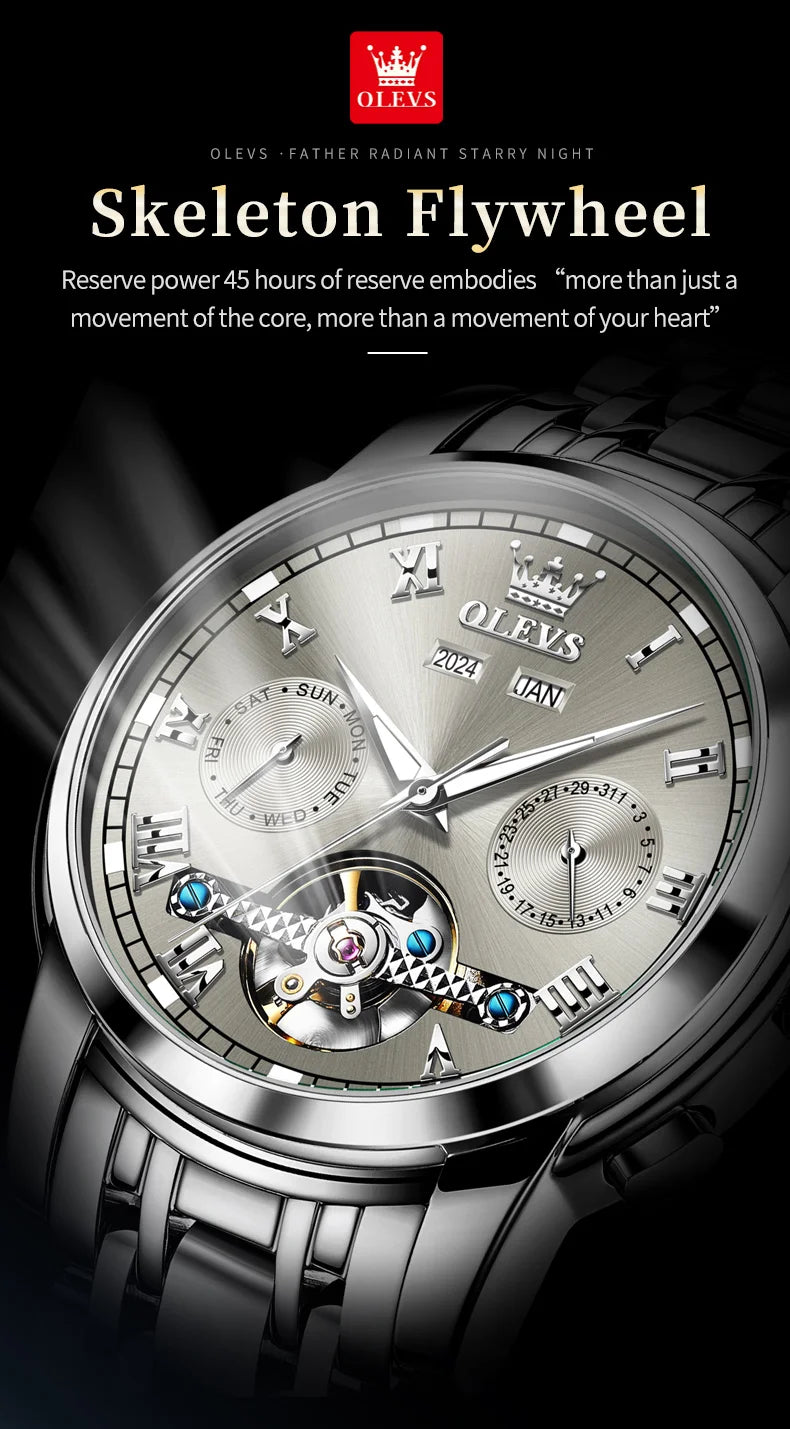 OLEVS 6607 Fully Automaitc Watches Stainless Steel Skeleton Flywheel Dual Calendar Top Luxury Brand Men's Mechanical Wristwatch