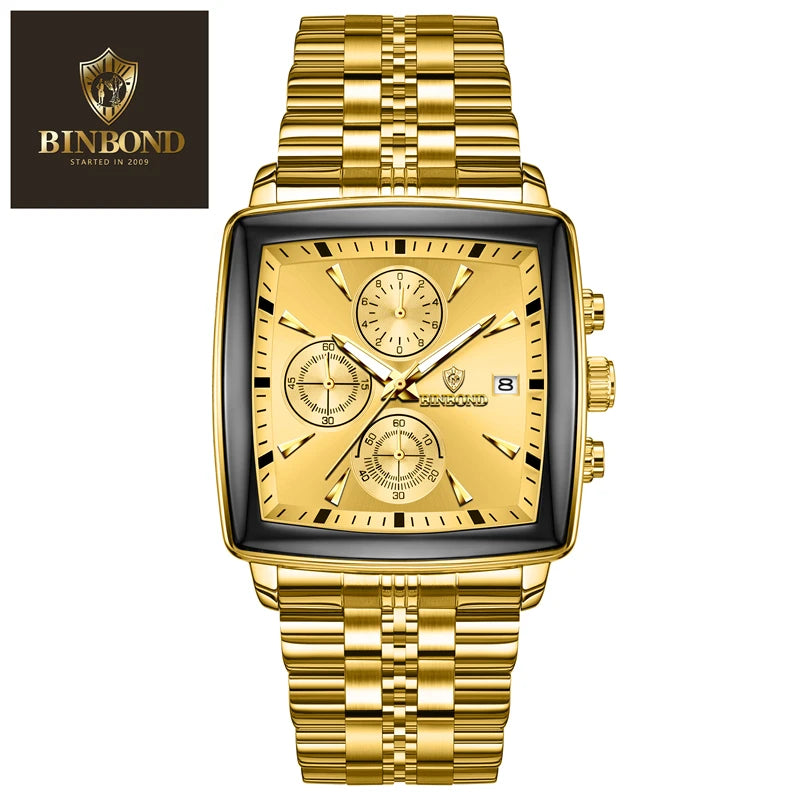 BINBOND Luxury Square Sport Man Wristwatch Waterproof Luminous Chronograph Quartz Men's Watches Stainless Steel Men Watch Reloj