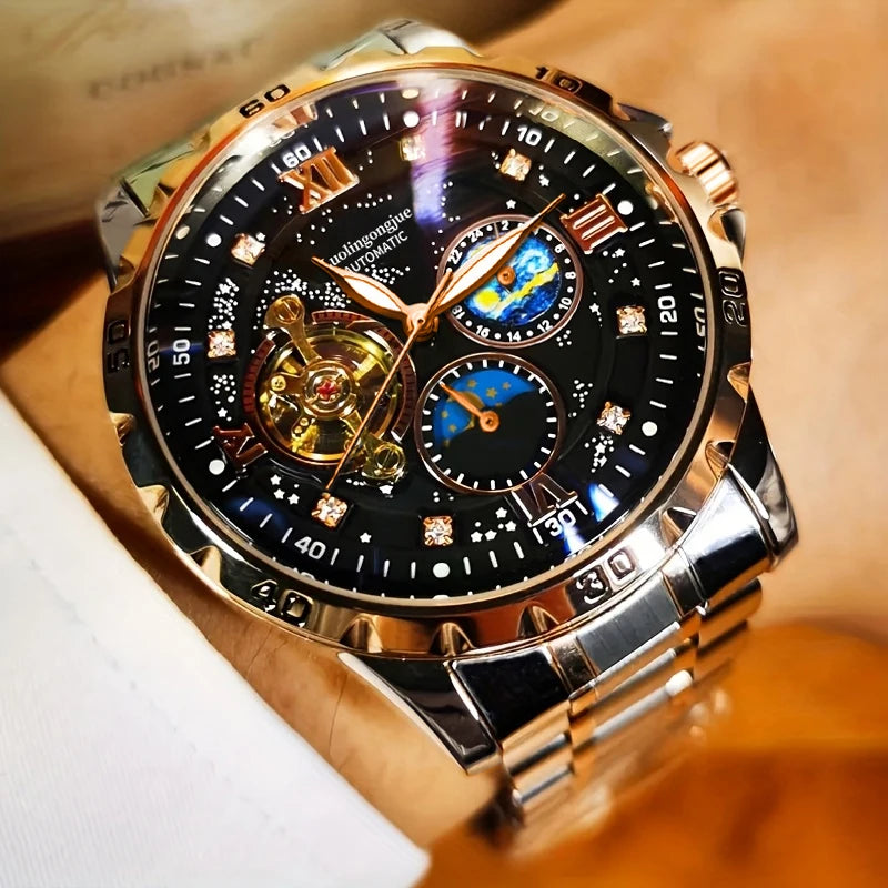 Luxurious Automatic Mechanical Men's Watch, Starry Night Luminous Dial, Elegant Tourbillon Movement, Ideal for Business or Casual Wear, Perfect Christmas or Birthday Gift, Holiday Gift Watch, No Battery Needed
