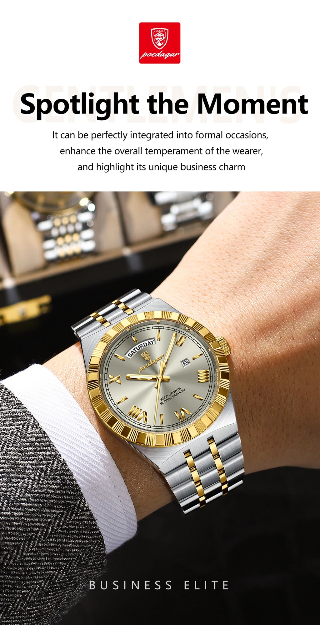 POEDAGAR Luxury Business Man Watch Week Date Waterproof Luminous Watches For Men Stainless Steel Quartz Men's Fashion Wristwatch