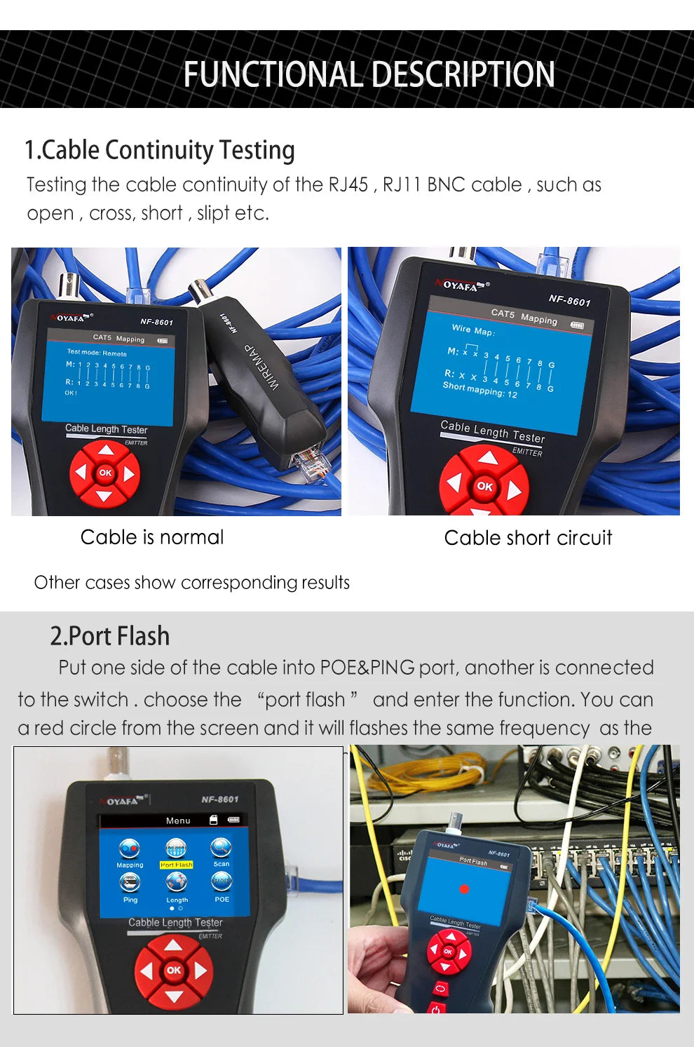 Original Noyafa NF-8601W Multifunction Network Cable Tester RJ45 RJ11 BNC POE PING Crosstalk Test Network Wire Cable Tracker