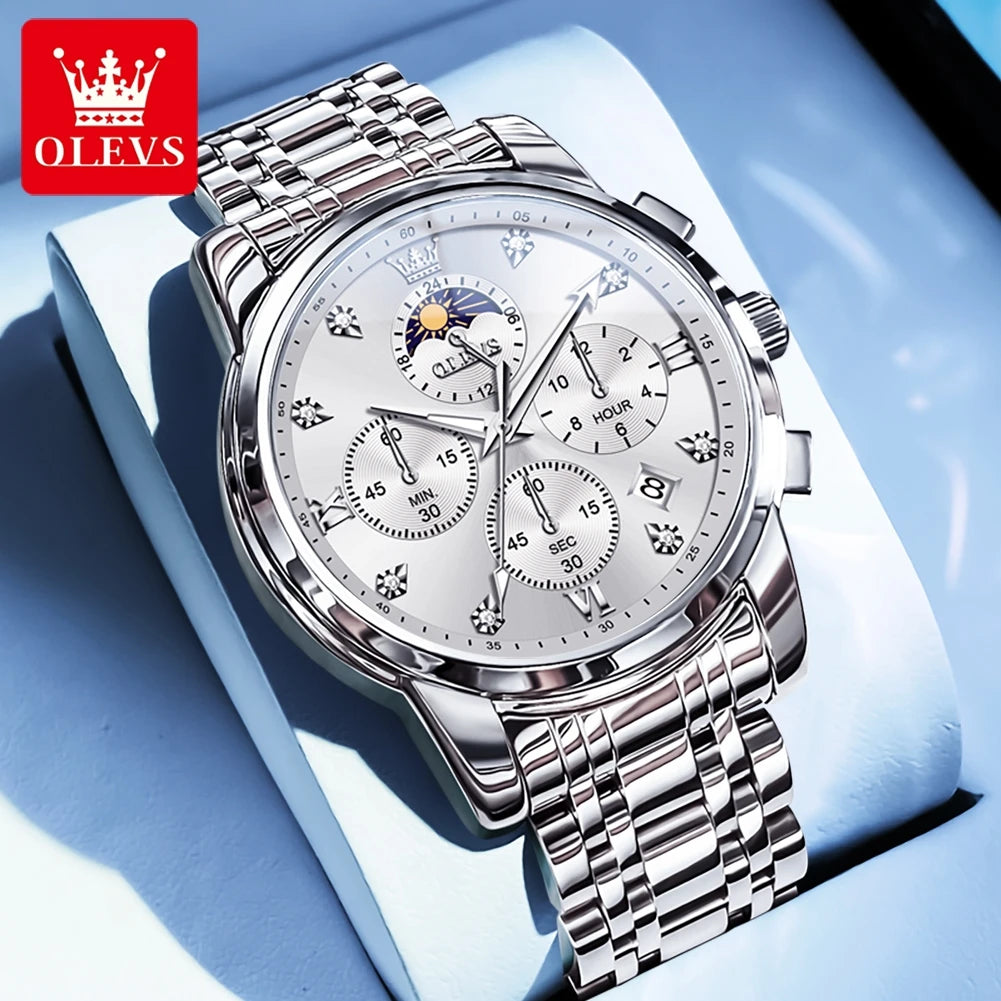 OLEVS 3655 Moon Phase Classic Three Eye Dial Men's Watch Stainless Steel Watch for Male Butterfly Buckle Waterproof Quartz watch