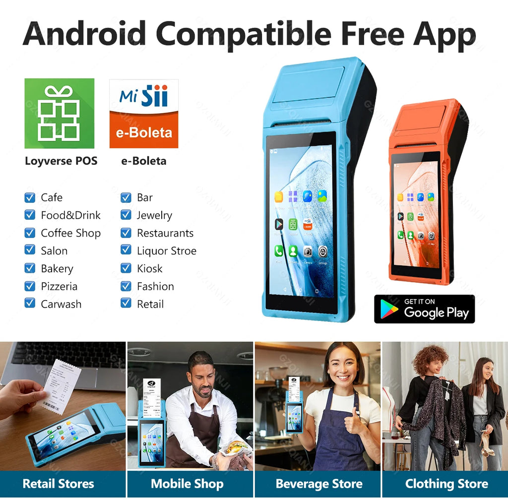 4G 3G Android 12/8.1 PDA POS System & 58mm Thermal Printer Bluetooth WiFi Handheld POS Terminal 5.5'' Touch Screen Loyverse app