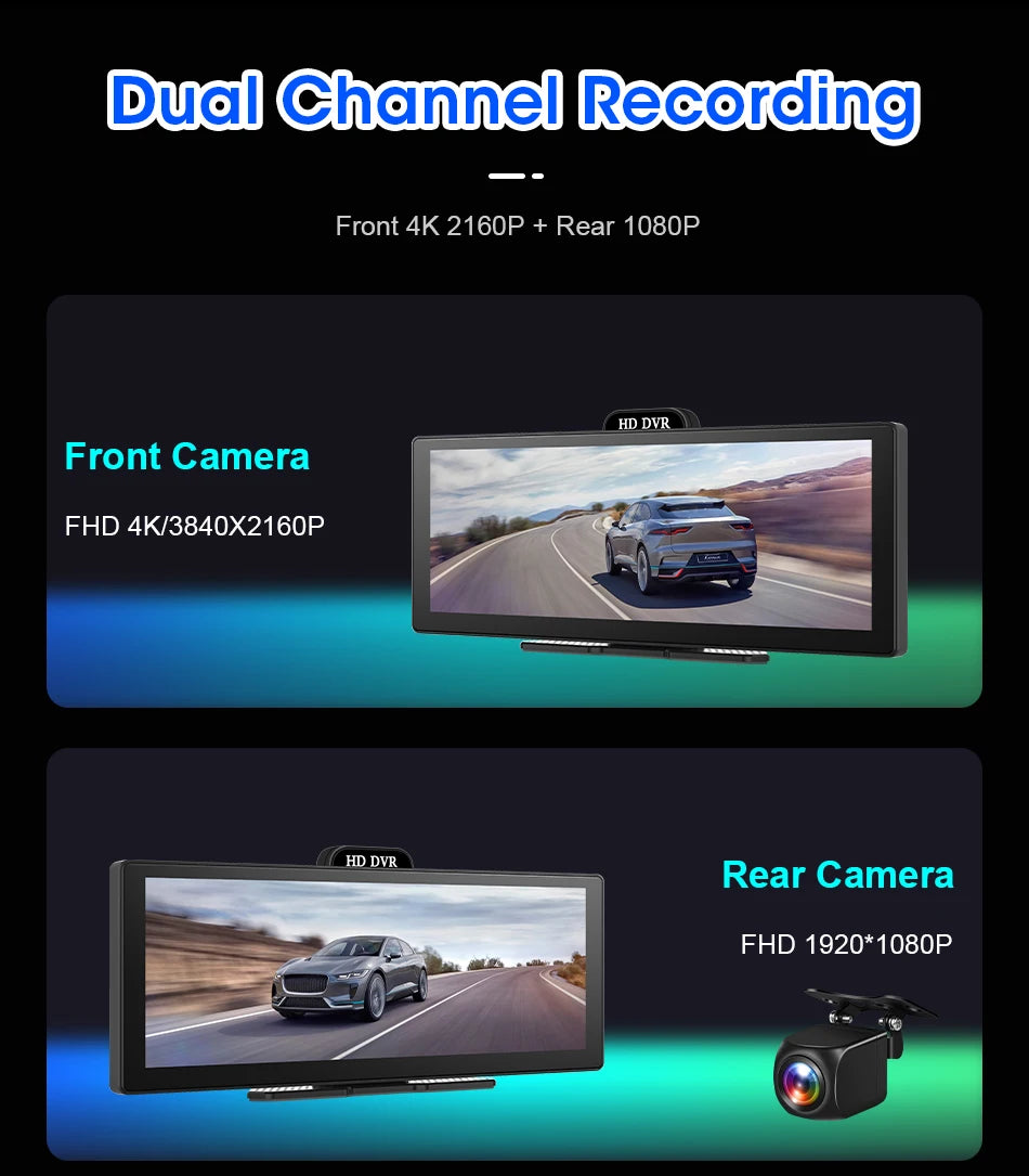 10/11.26 Inch 4K DVR Wireless CarPlay & Android Auto Dash Cam Bluetooth Audio GPS Navigation Dashboard Dual Lens Video Recorder